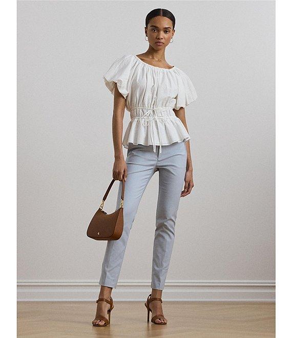 Lauren Ralph Lauren Woven Round Neck Short Sleeve Eyelet Embriodered Peplum Blouse Product Image