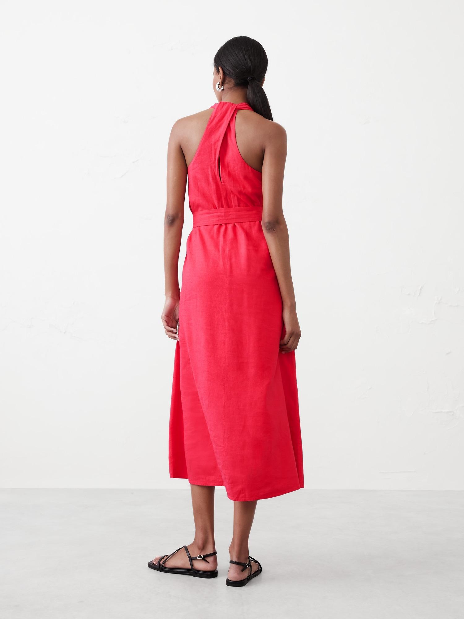 Linen-Blend Twist-Back Midi Dress Product Image