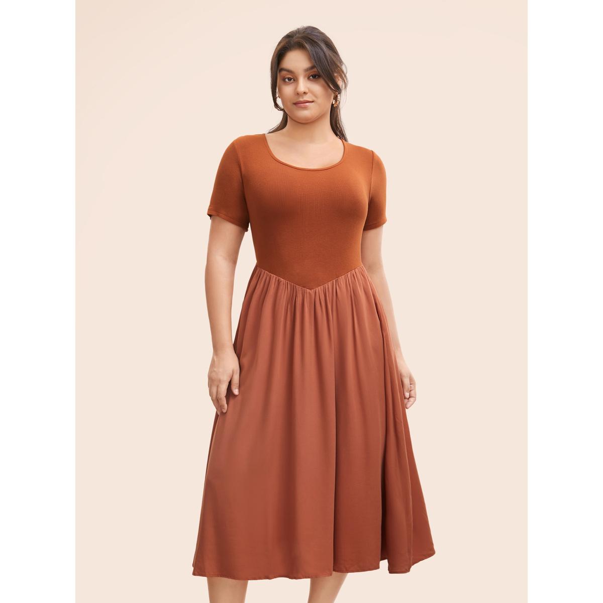 Plus Size U Neck Patchwork Midi Dress Maroon Women Elegant Patchwork U-neck Short sleeve Curvy BloomChic 18-20/2X Product Image