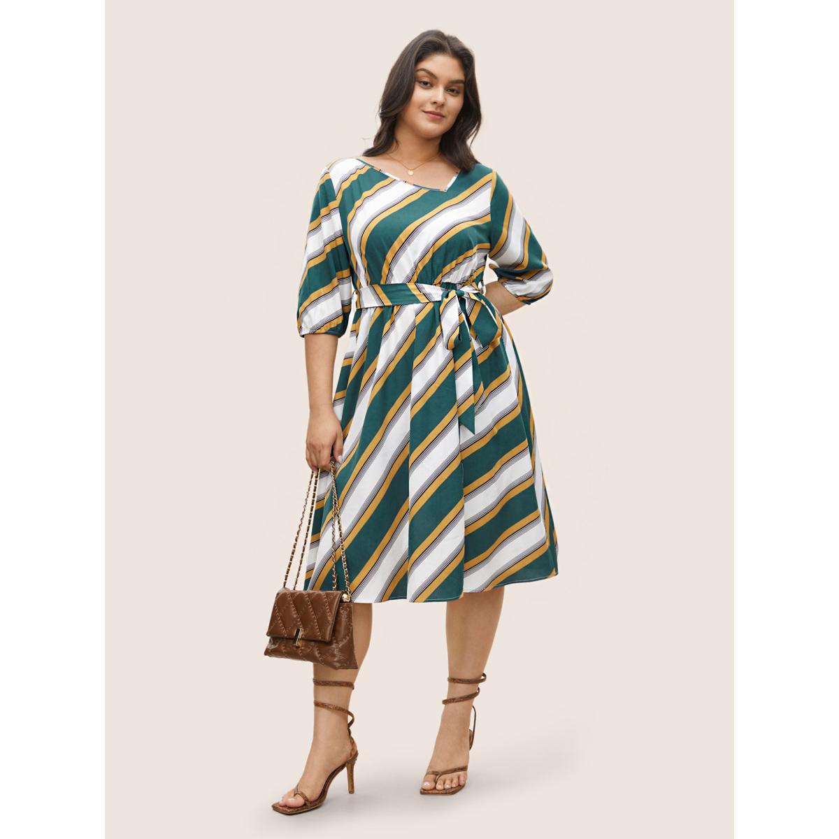 Plus Size Striped Contrast Asymmetrical Neck Belted Dress Cyan Women At the Office Non Asymmetrical Neck Elbow-length sleeve Curvy Midi Dress BloomChic 10/M Product Image