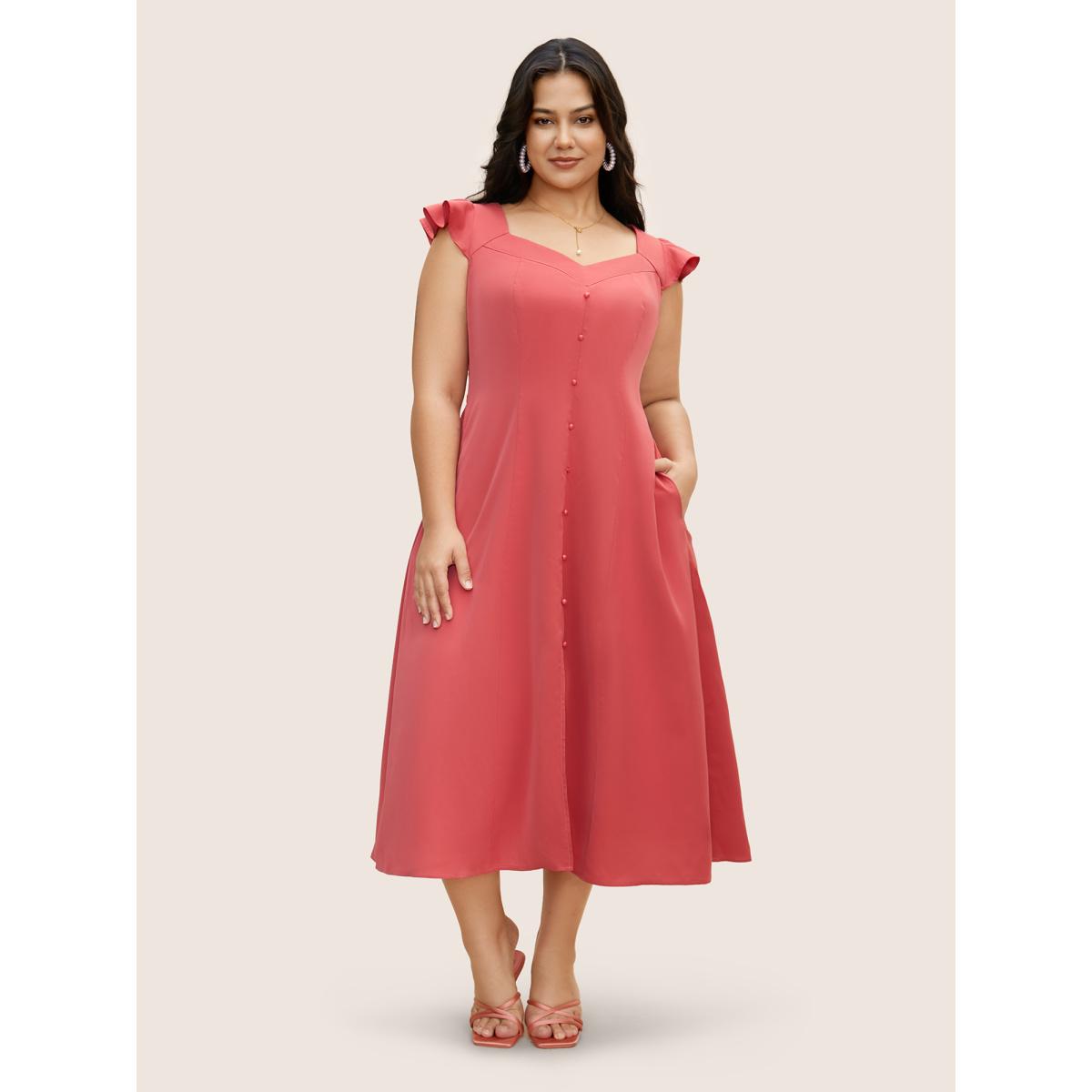 Plus Size Solid Ruffle Cap Sleeve Button Detail Midi Dress Russet Women Elegant Button Heart neckline Cap Sleeve Curvy BloomChic 10/M Product Image