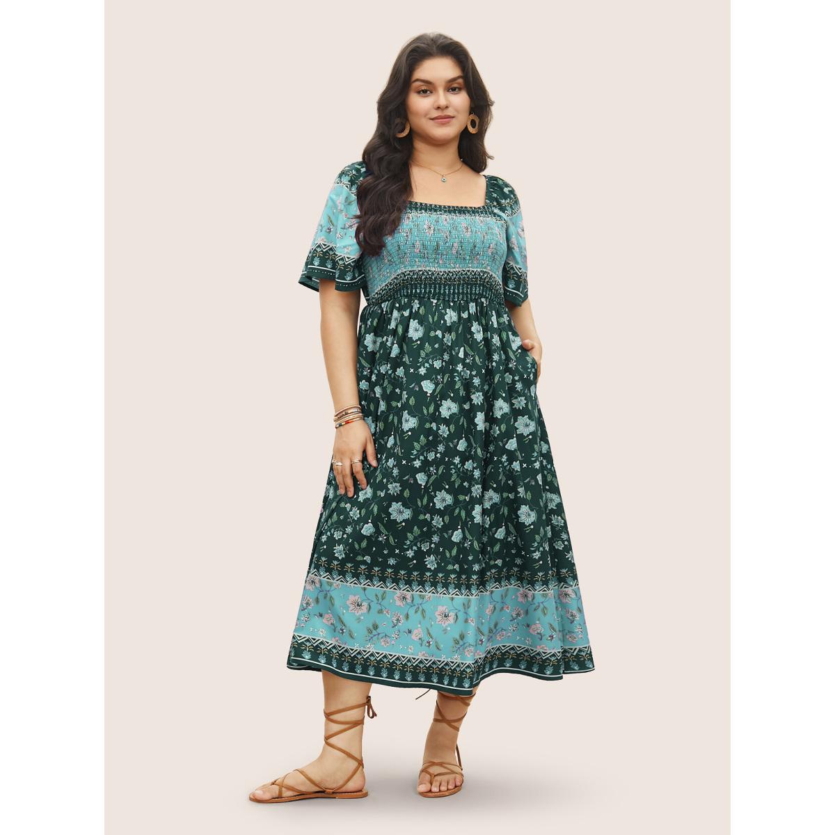 Plus Size Ditsy Floral Shirred Patchwork Ruffle Sleeve Dress Turquoise Women Resort Shirred Square Neck Short sleeve Curvy Midi Dress BloomChic 30/6X Product Image