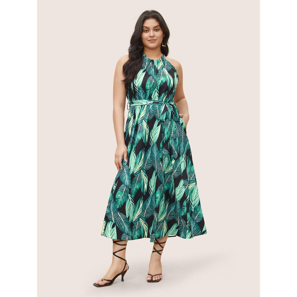 Plus Size Tropical Print Knotted Pocket Ruffles Belted Halter Dress Black Women Resort Non Halter neck Sleeveless Curvy Midi Dress BloomChic 12/L Product Image