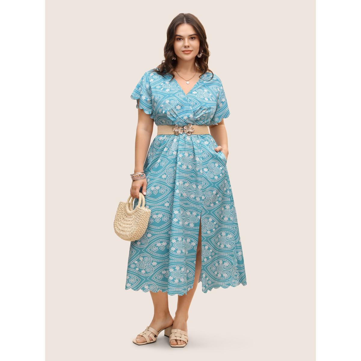 Plus Size Boho Print Scalloped Trim Split Front Dress Teal Women Resort Ruffles V-neck Cap Sleeve Curvy BloomChic 14-16/1X Product Image