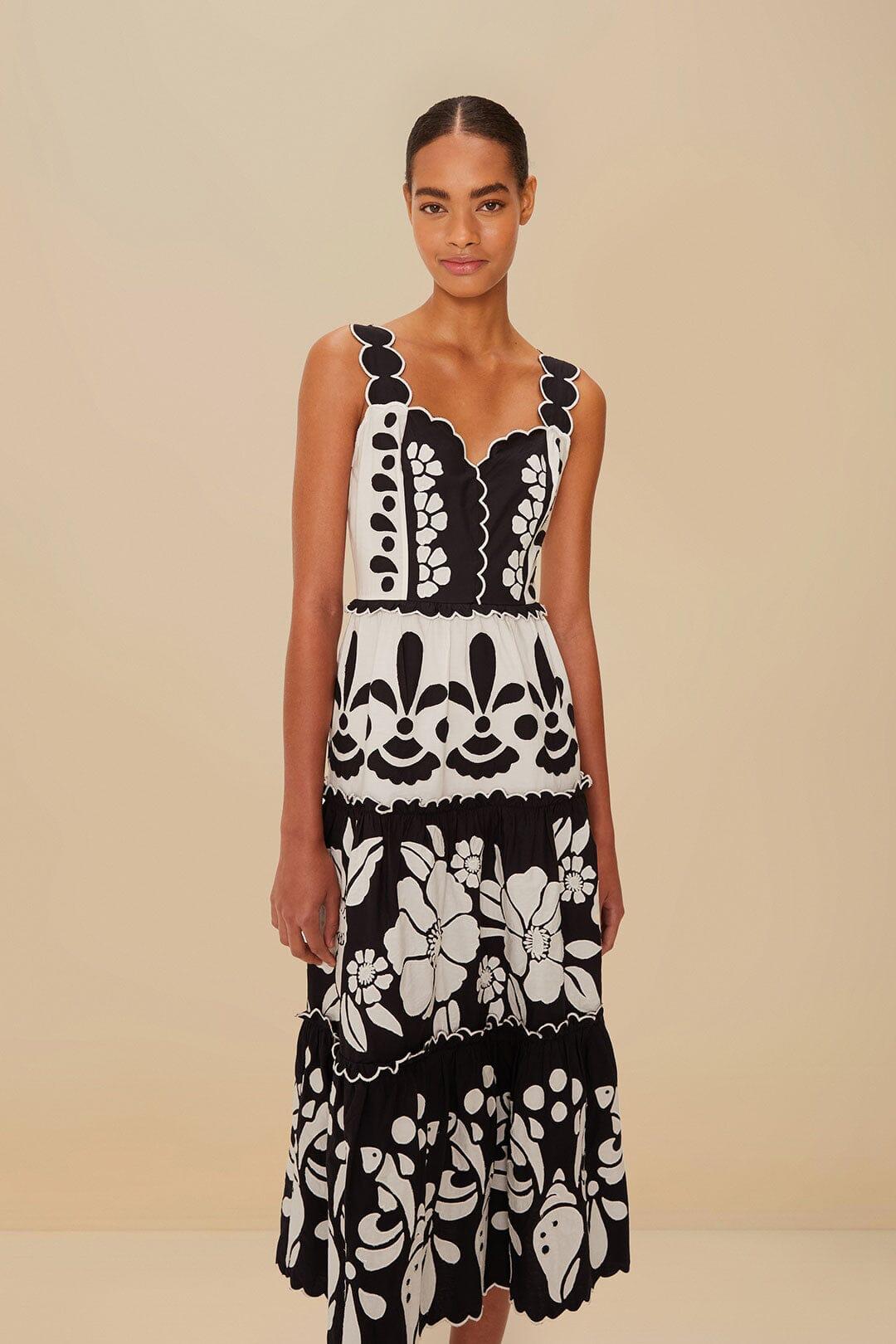 Black And White Summer Cutwork Organic Cotton Midi Dress Product Image