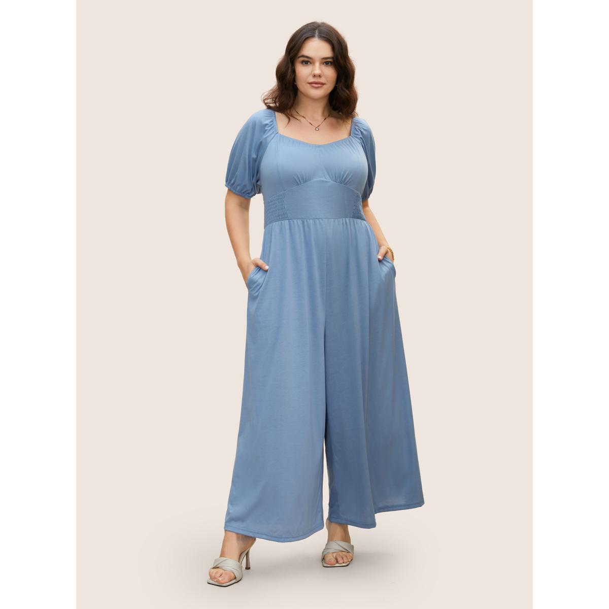 Plus Size Stone Heart Neckline Shirred Gathered Wide Leg Jumpsuit Women Elegant Short sleeve Heart neckline Everyday Loose Jumpsuits BloomChic 12/L Product Image