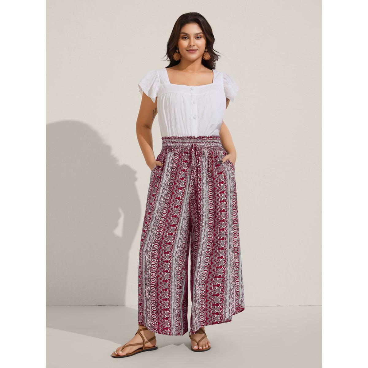 Plus Size Boho Print Shirred Waist Wide-Leg Pants Women Burgundy Boho Wide Leg Mid Rise Vacation Pants BloomChic 10/M Product Image