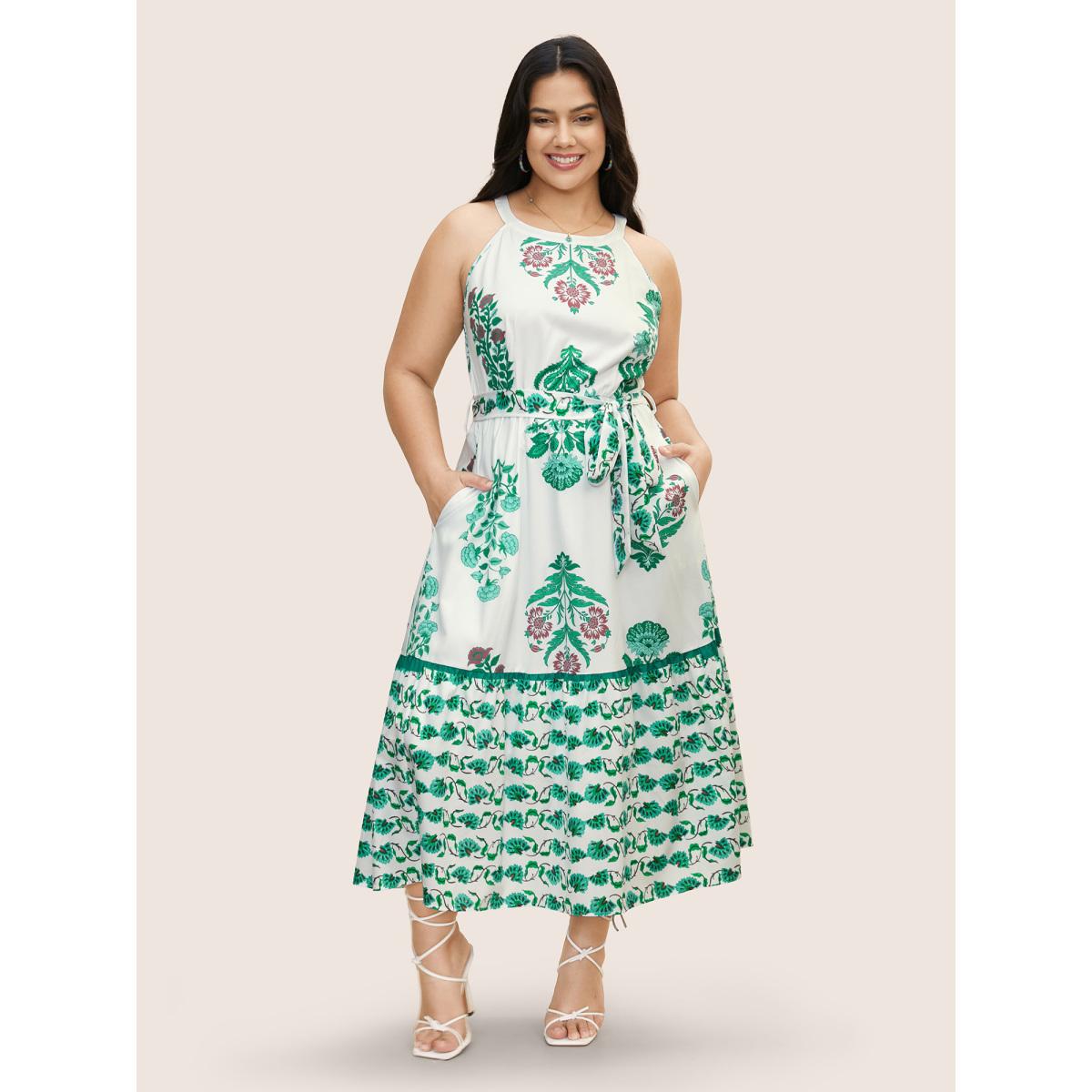 Plus Size Bandana Print Belted Sleeveless Maxi Dress Malachitegreen Women Resort Belted Round Neck Sleeveless Curvy BloomChic 28/5X Product Image