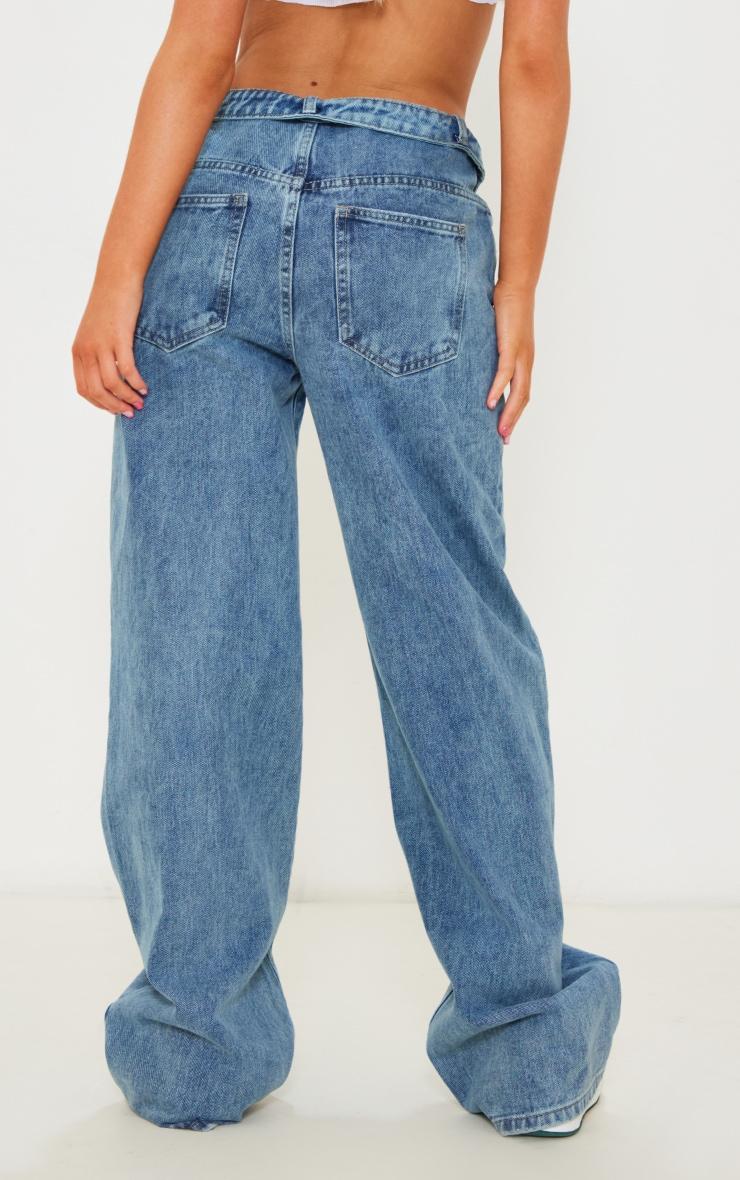 Indigo Vintage Wash Foldover Waistband Wide Leg Jeans Product Image