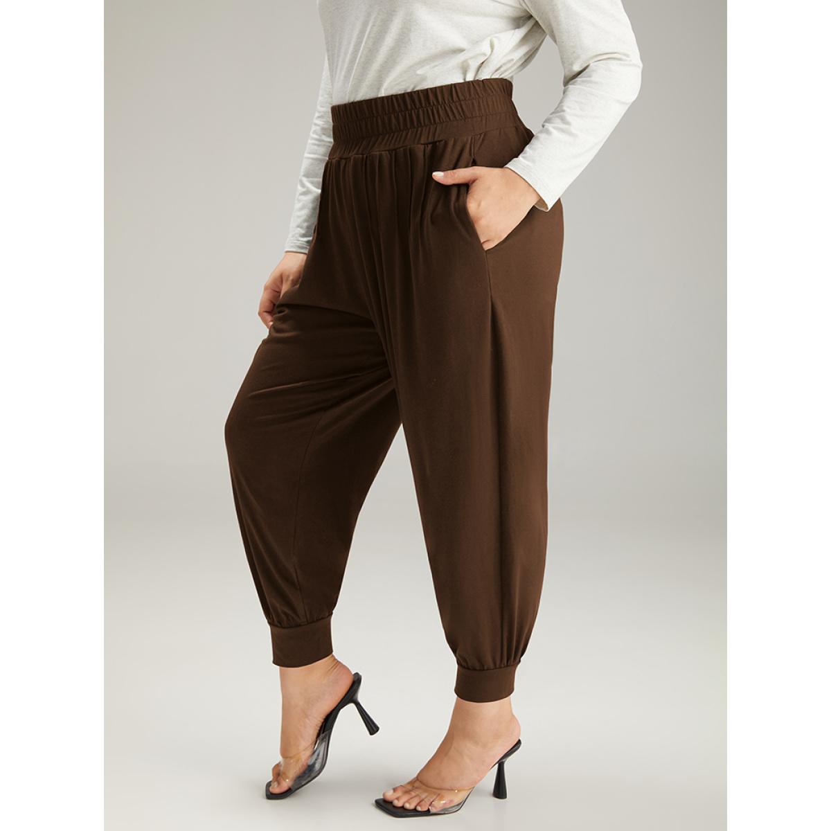 Solid Shirred Pocket Harem Sweatpants DarkBrown Plus Size Women Casual Dailywear Tummy control 12/L Bloomchic Product Image