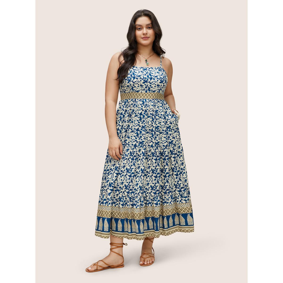 Plus Size Boho Print Patchwork Adjustable Straps Cami Dress DarkBlue Women Resort Non Spaghetti Strap Sleeveless Curvy Midi Dress BloomChic 30/6X Product Image