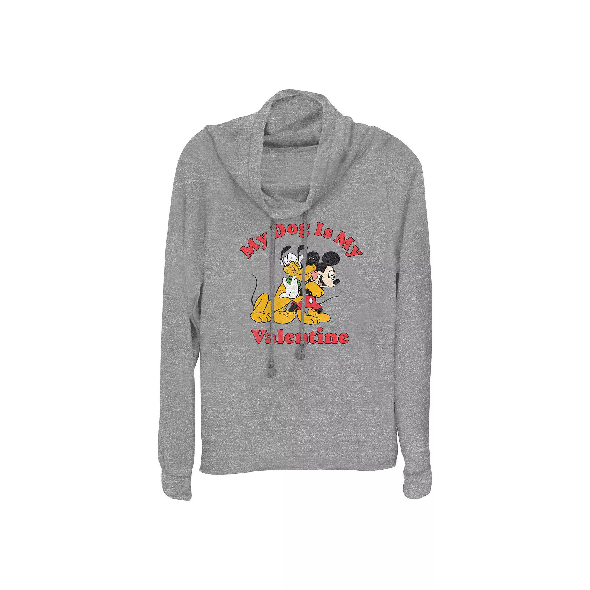 Disney's Mickey Mouse And Pluto My Dog Is My Valentine Women's Cowlneck Graphic Lightweight Long Sleeve,  Product Image