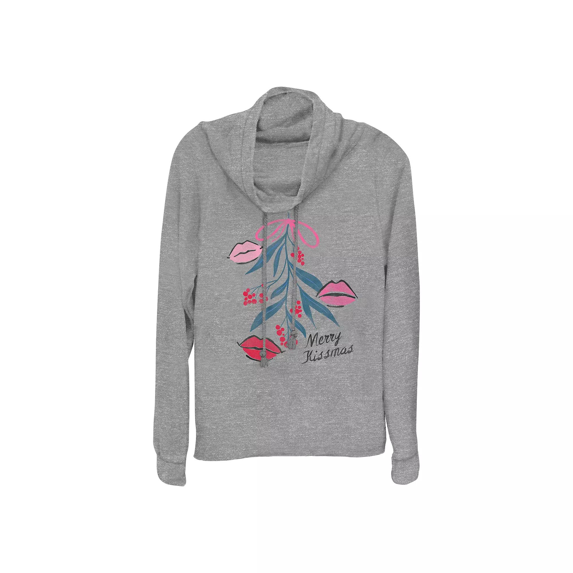 Women's Mistletoe Merry Kissmas Cowlneck Graphic Lightweight Long Sleeve,  Product Image