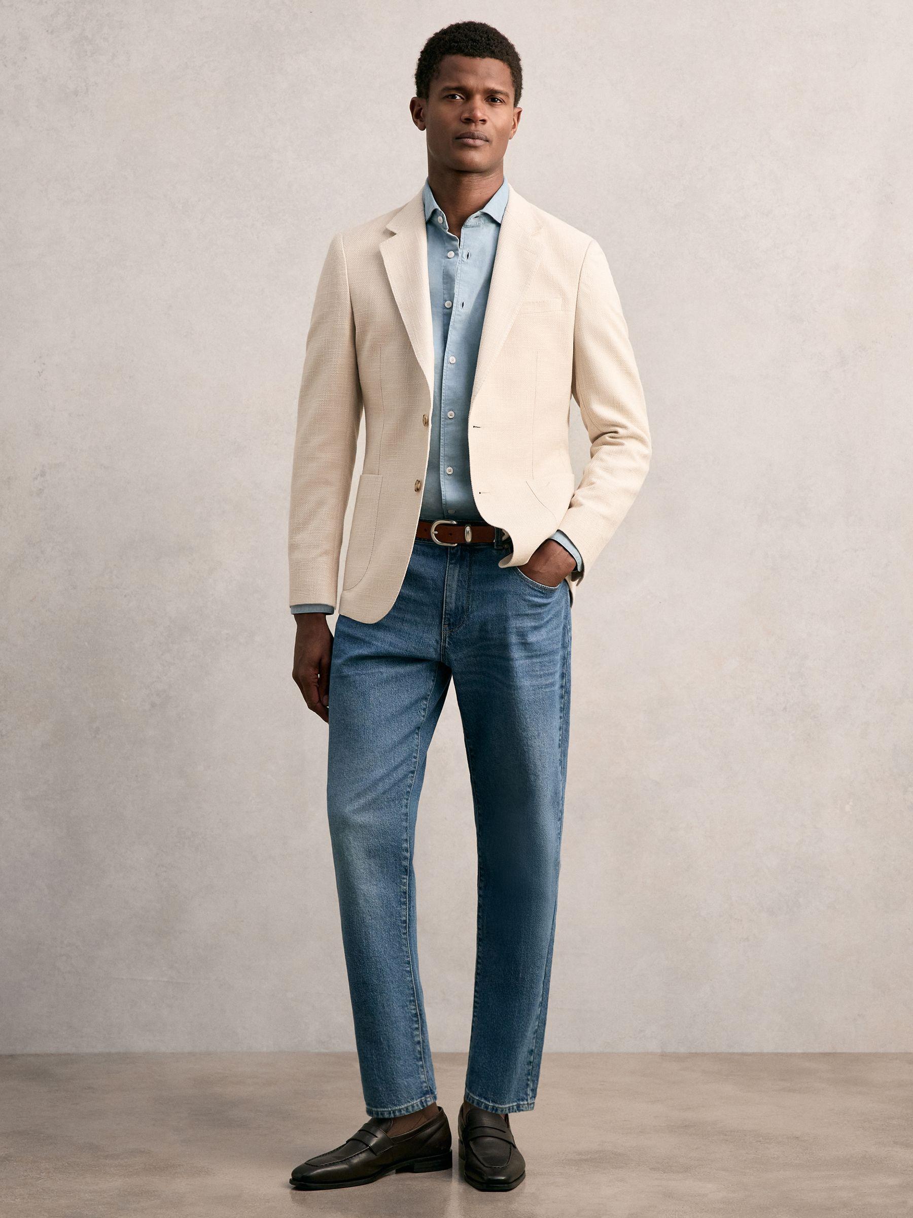 Slim Fit Single Breasted Textured Blazer with Cotton in Stone Product Image