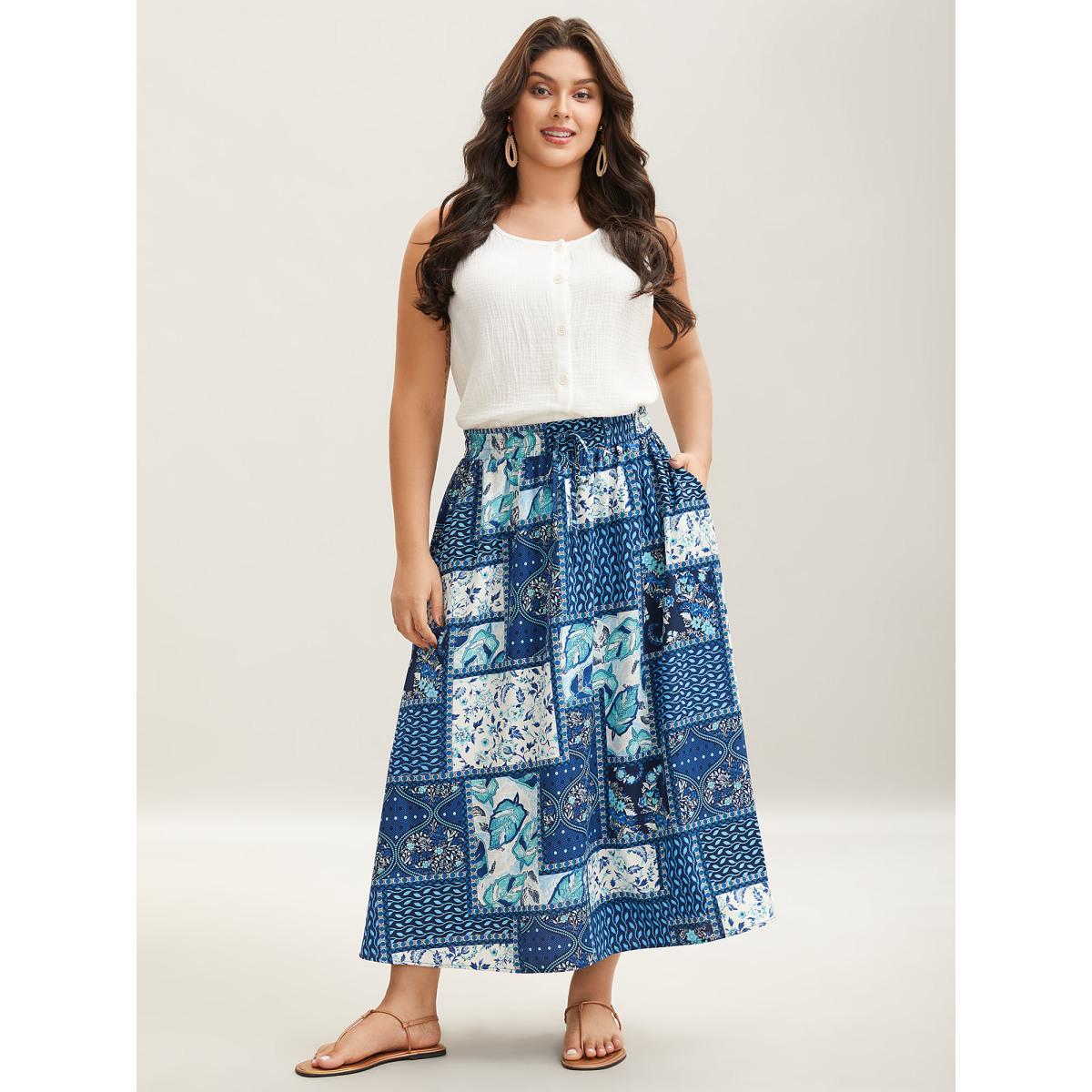 Plus Size Collage Floral Print Flared Maxi Skirt Women Mediumblue Resort Patchwork Low stretch Slanted pocket Vacation Skirts BloomChic 22-24/3X Product Image