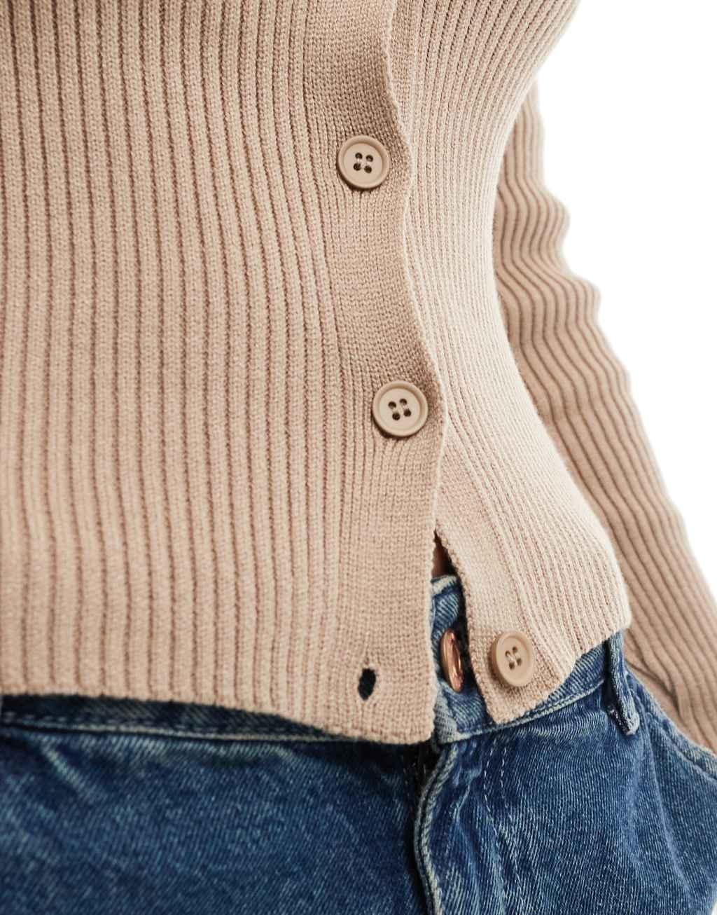 ASOS DESIGN knitted v neck rib cardigan in mocha Product Image