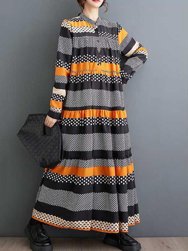 A-Line Long Sleeves Buttoned Polka-Dot Split-Joint Round-Neck Midi Dresses Product Image