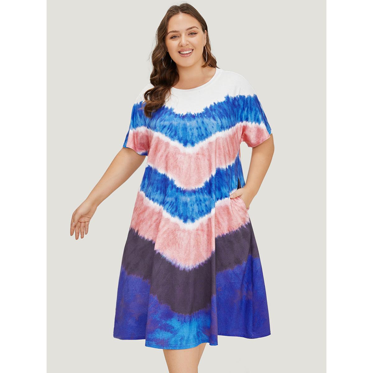 Plus Size Geometric Contrast Pocket Tie Dye Midi Dress Multicolor Women Casual Printed Round Neck Short sleeve Curvy Midi Dress BloomChic 14-16/1X Product Image