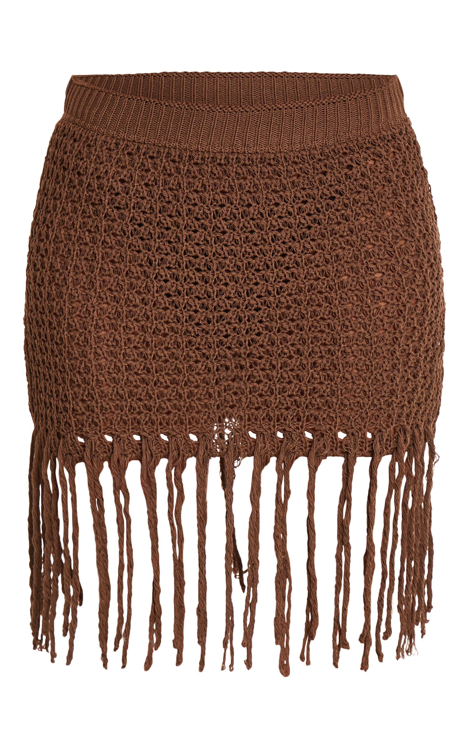  Chocolate Crochet Knit Tassel Mini Skirt Product Image