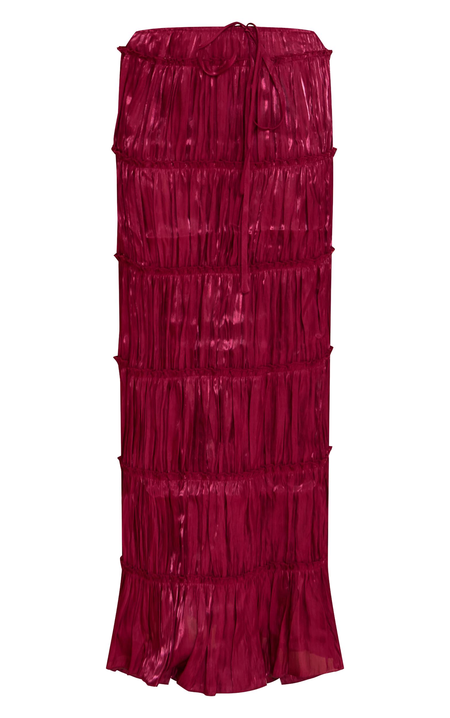  Deep Red Drawstring Frill Tiered Maxi Skirt Product Image