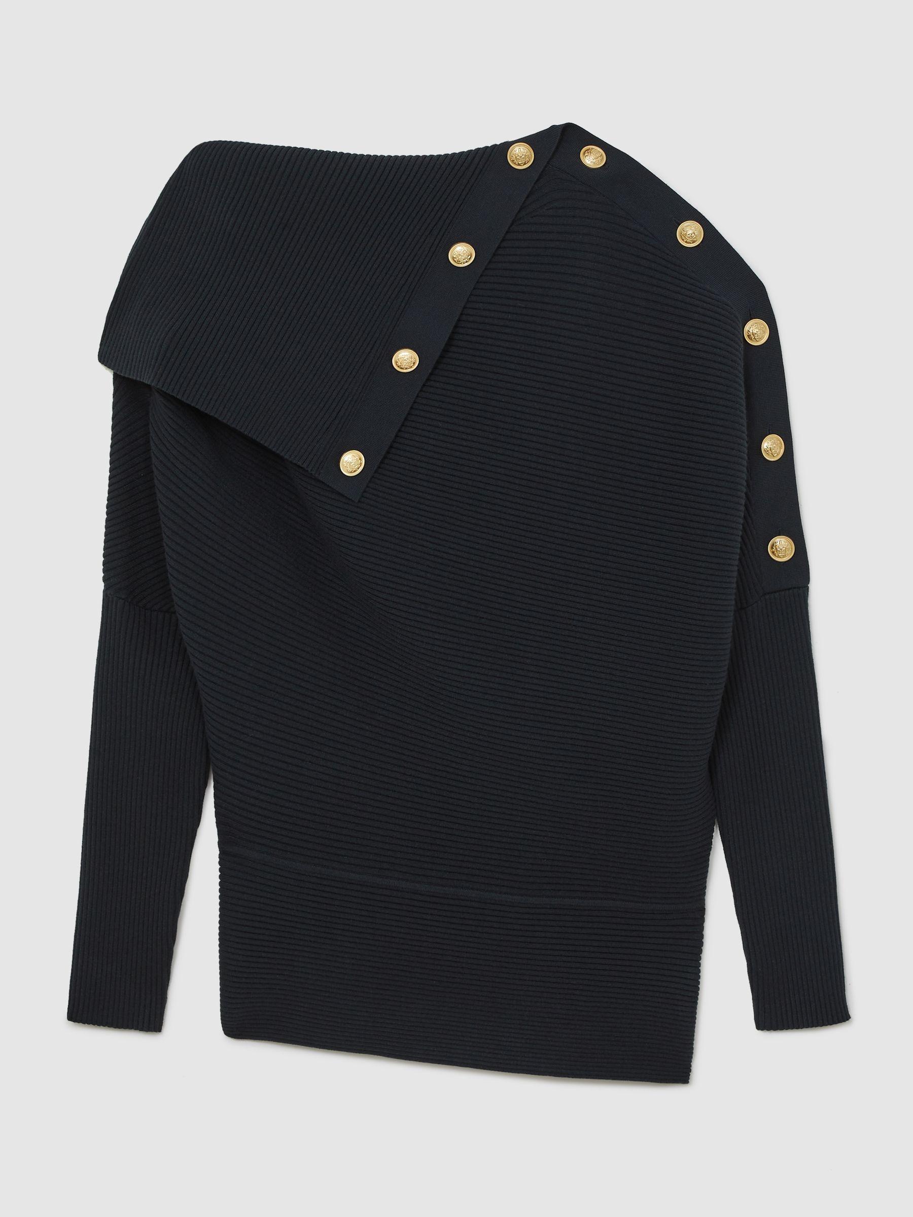 Rib-Knit Button Shawl Jumper in Navy Product Image