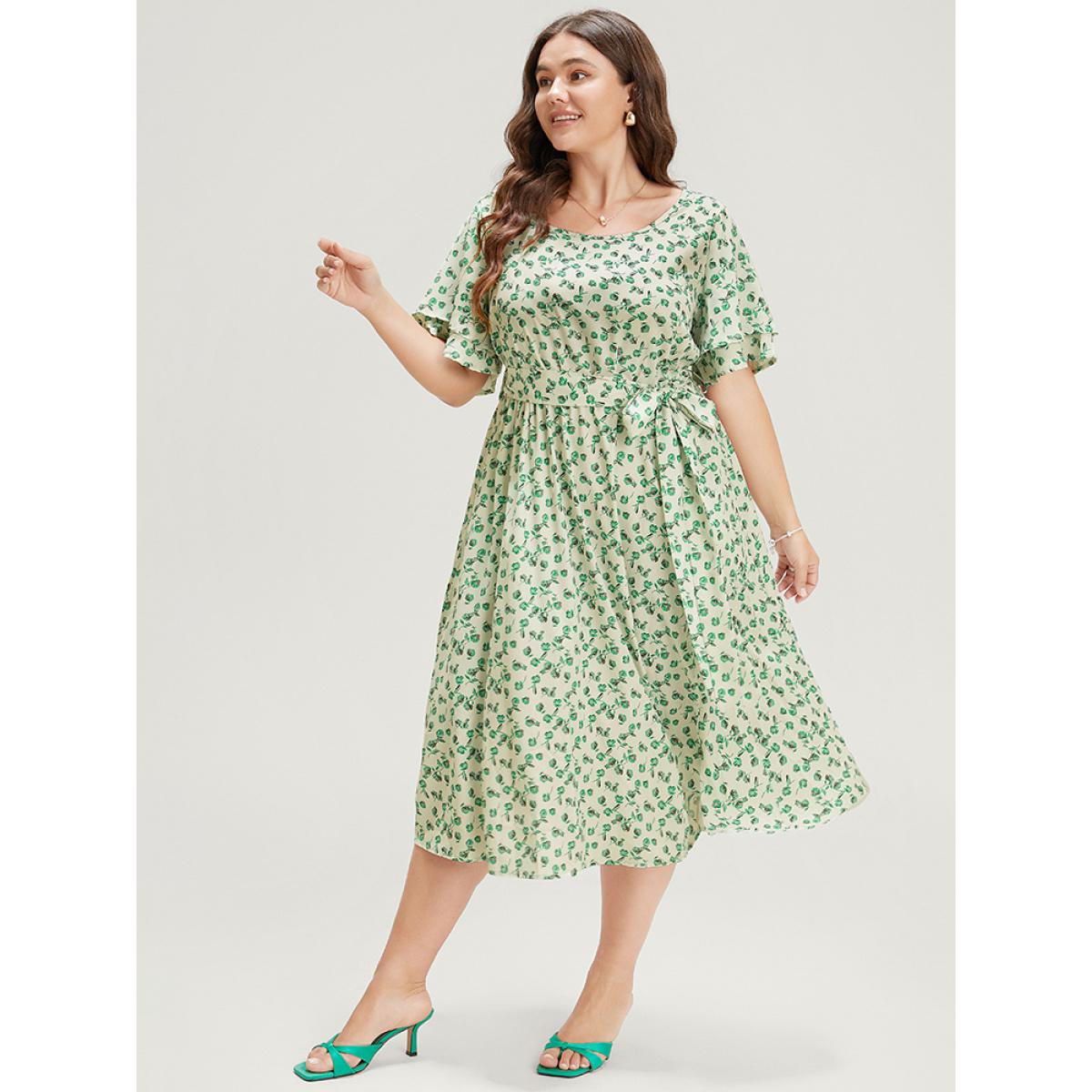Plus Size Ditsy Floral Flutter Sleeve Pocket Split Hem Belt Dress YellowGreen Women Elegant Pocket V-neck Short sleeve Curvy Midi Dress BloomChic 30/6X Product Image