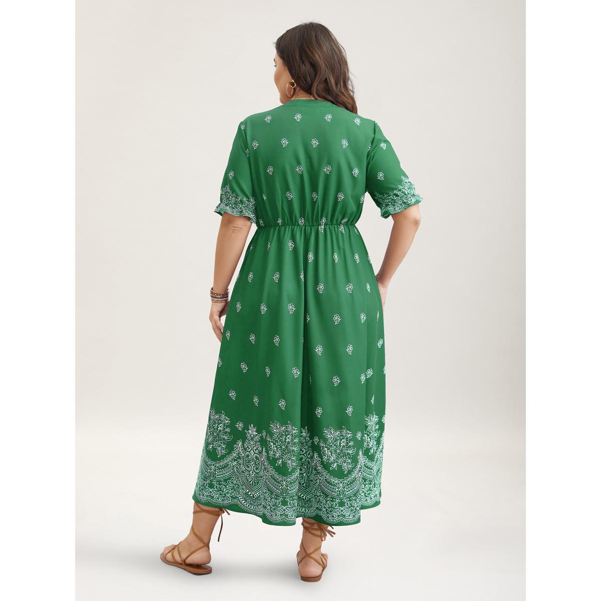 Plus Size Floral Waist-Tie Notched Collar Midi Dress Emerald Women Resort Ruffles Notched collar Half Sleeve Curvy BloomChic 18-20/2X Product Image