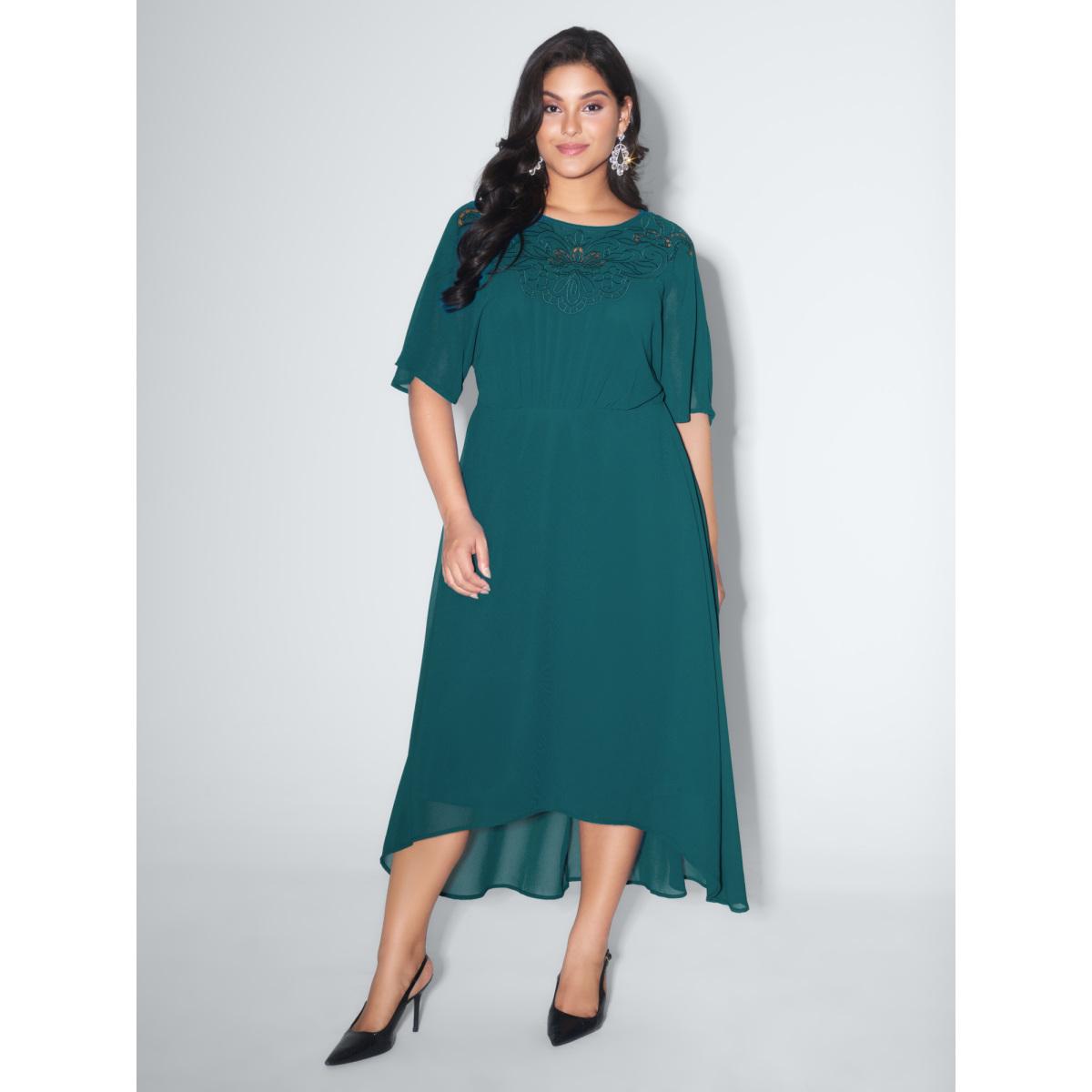 Plus Size Two-Piece Embroidered Cut Out Midi Dress Teal Women Party&Cocktail Round Neck Half Sleeve Curvy BloomChic 26/4X Product Image