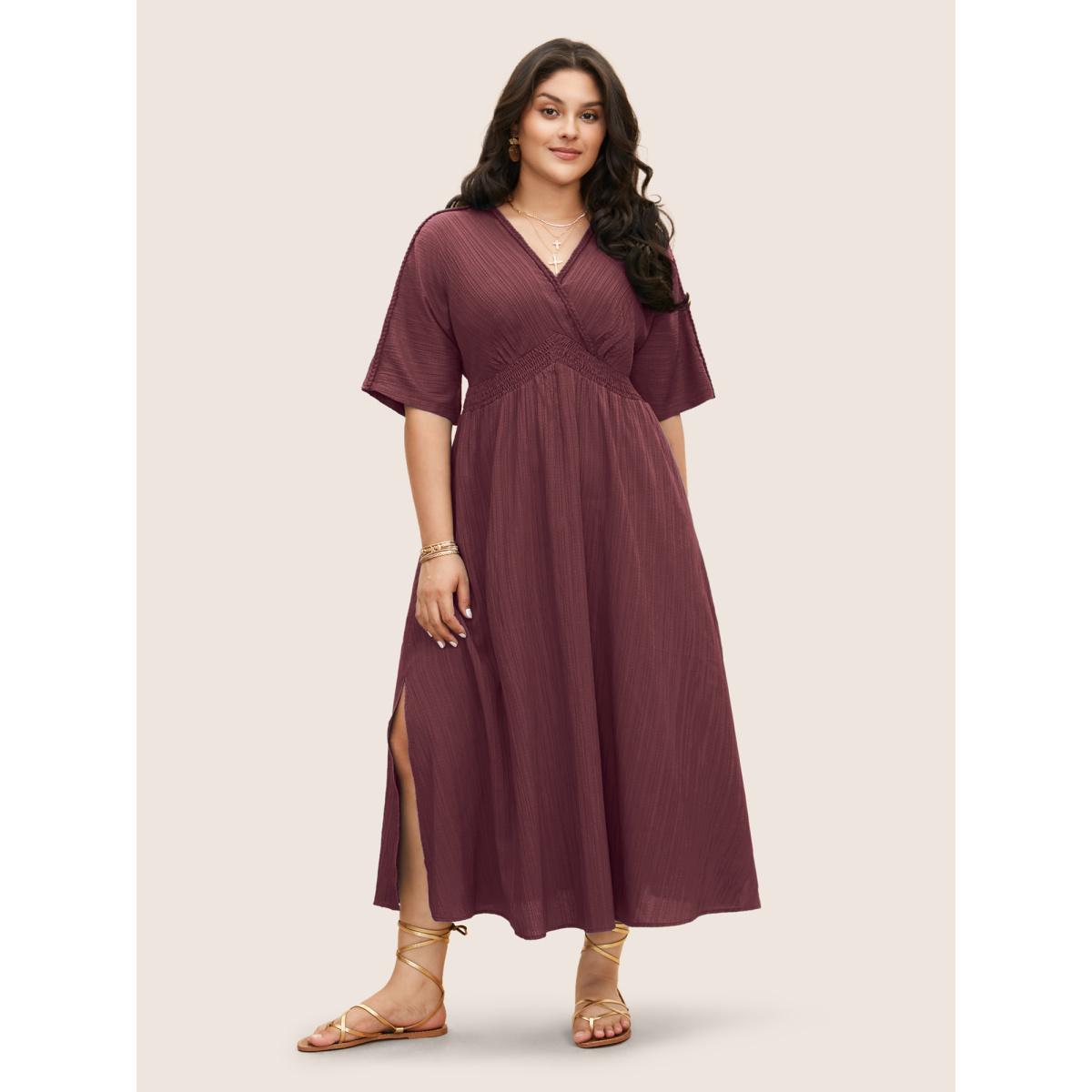 Plus Size V Neck Shirred Contrast Webbing Split Side Dress Burgundy Women Resort Texture V-neck Half Sleeve Curvy BloomChic 18-20/2X Product Image