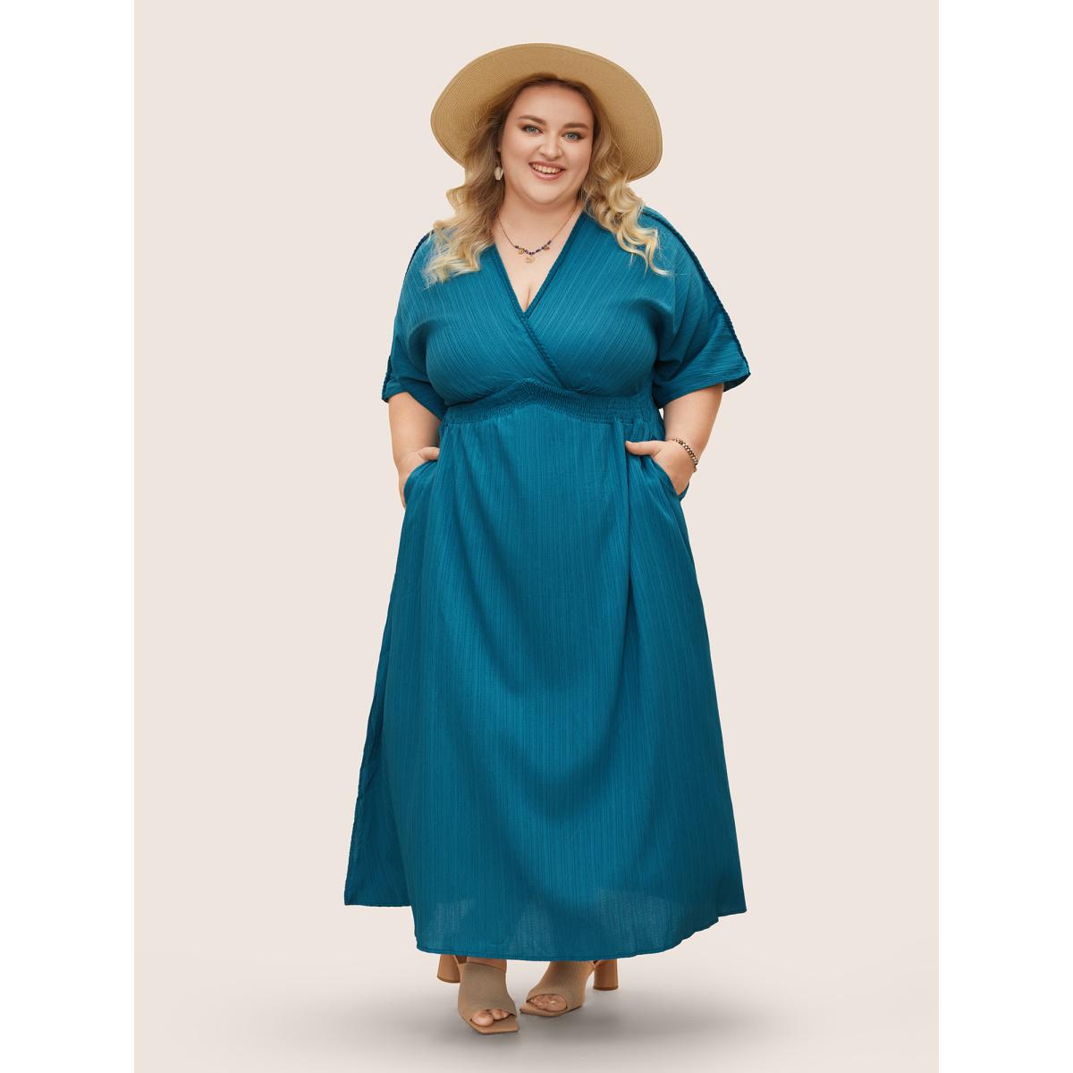 Plus Size V Neck Shirred Contrast Webbing Split Side Dress Aegean Women Boho Texture V-neck Half Sleeve Curvy BloomChic 14-16/1X Product Image