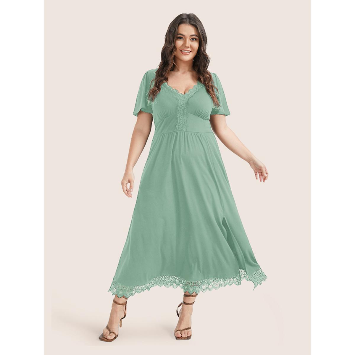 Plus Size Solid Pocket Contrast Lace Split Maxi Dress Sage Women Elegant Patchwork V-neck Short sleeve Curvy Long Dress BloomChic 10/M Product Image