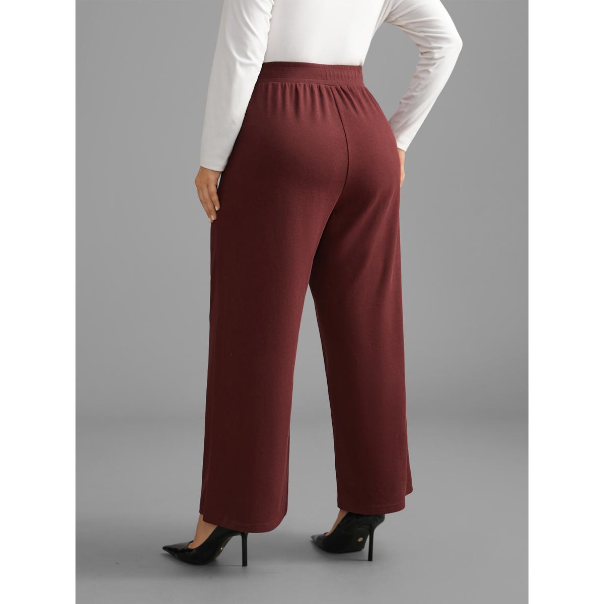 Plus Size Plain Elastic Waist Straight Leg Pants Women Deepred Elegant Straight Leg Mid Rise Everyday Pants BloomChic 12/L Product Image