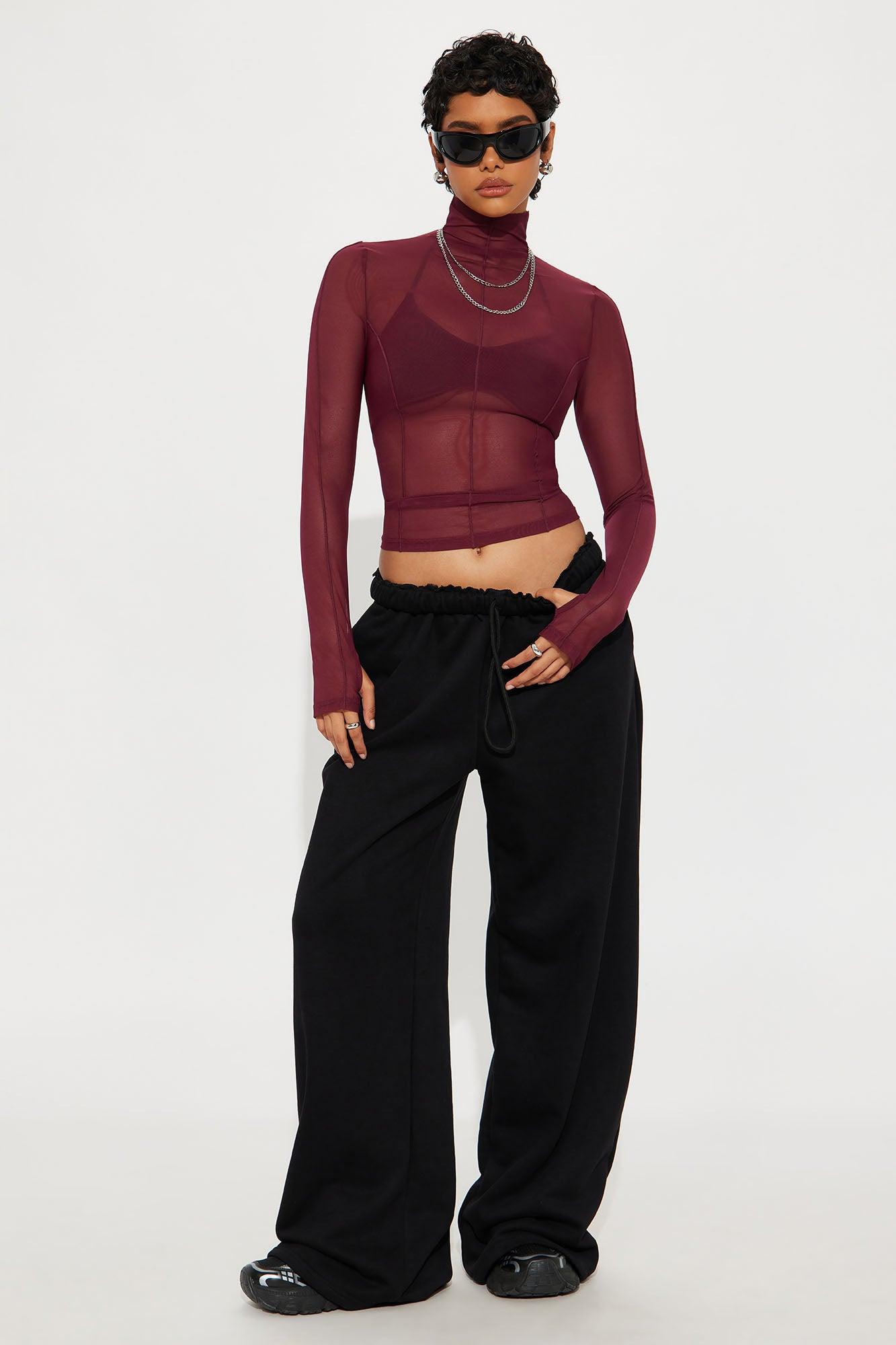 Power Mesh Mock Neck Long Sleeve Top - Wine Female Product Image