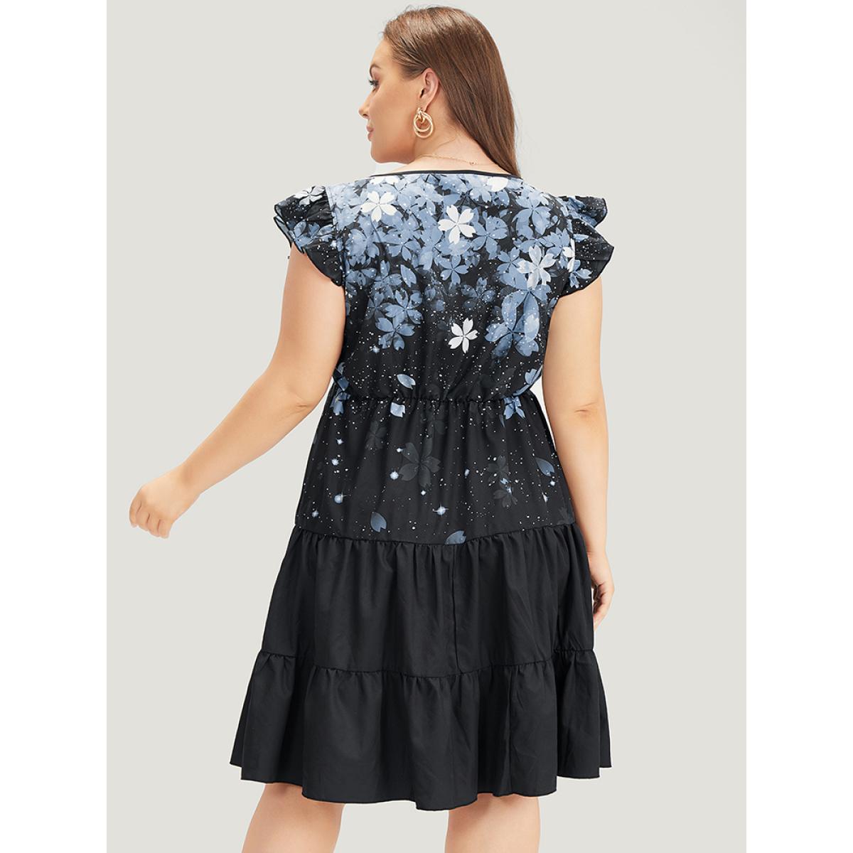 Plus Size Pixel Flower Pocket Cap Sleeve Layered Hem Dress BlackFlower Women Elegant Tiered V-neck Cap Sleeve Curvy Knee Dress BloomChic 10/M Product Image