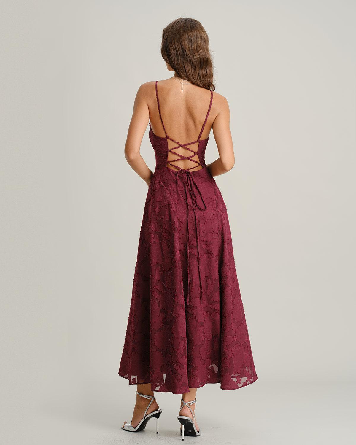 Wine Red Jacquard Slip Maxi Dress Product Image