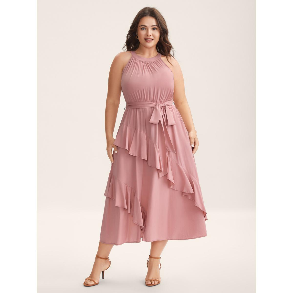 Plus Size Ruffled Halter Neck Solid Midi Dress Watermelon Women Halter neck Sleeveless Curvy BloomChic 12/L Product Image