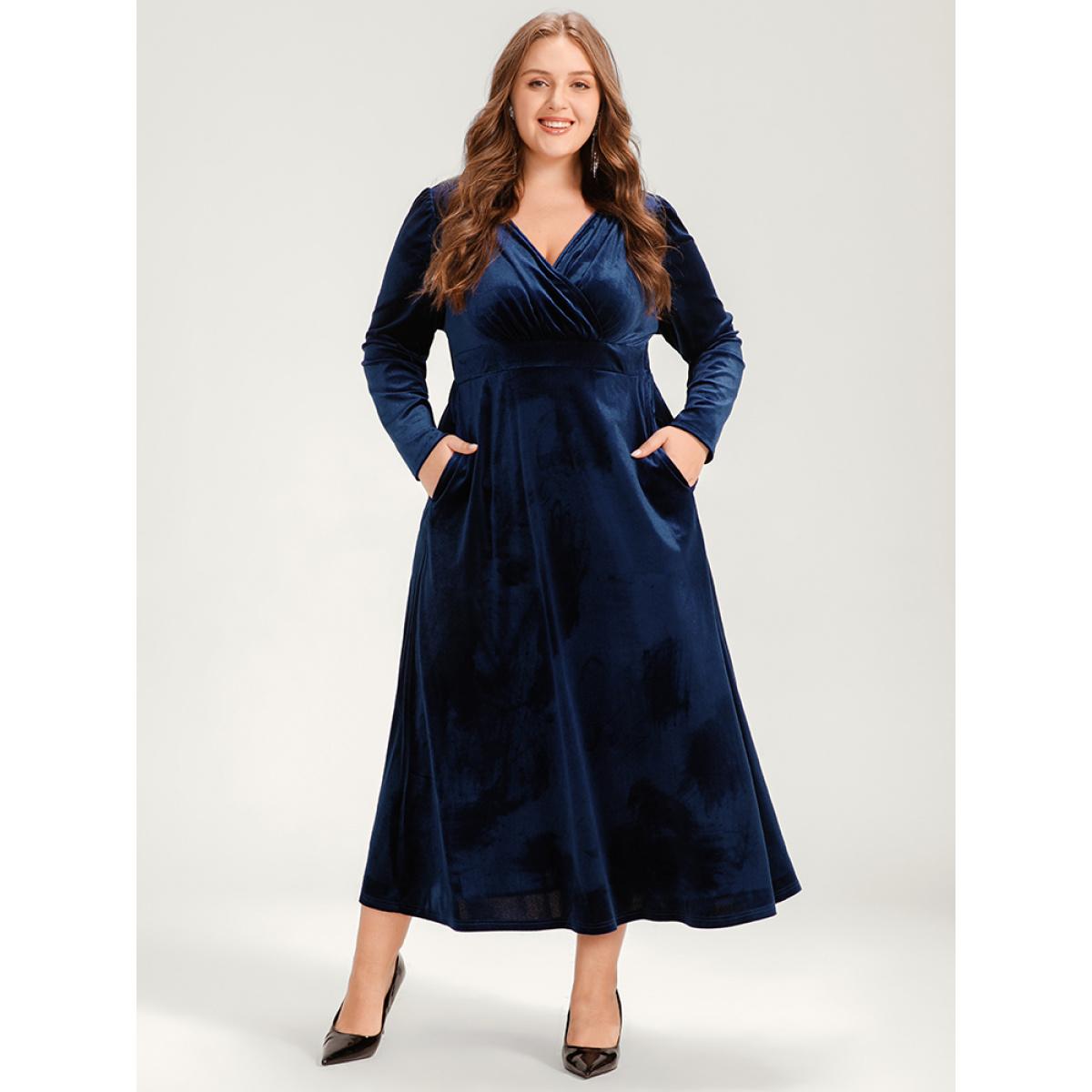 Plus Size Solid Pocket Surplice Neck Velvet Maxi Dress DarkBlue Women Party Pocket V-neck Long Sleeve Curvy Long Dress BloomChic 26/4X Product Image