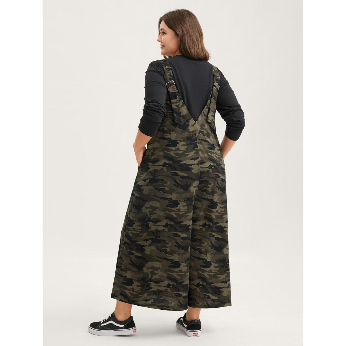 Plus Size ArmyGreen Camouflage Print Stretchy Wide Leg Jumpsuit Women Leisure Sleeveless Non Casual Loose Jumpsuits BloomChic 28/5X Product Image