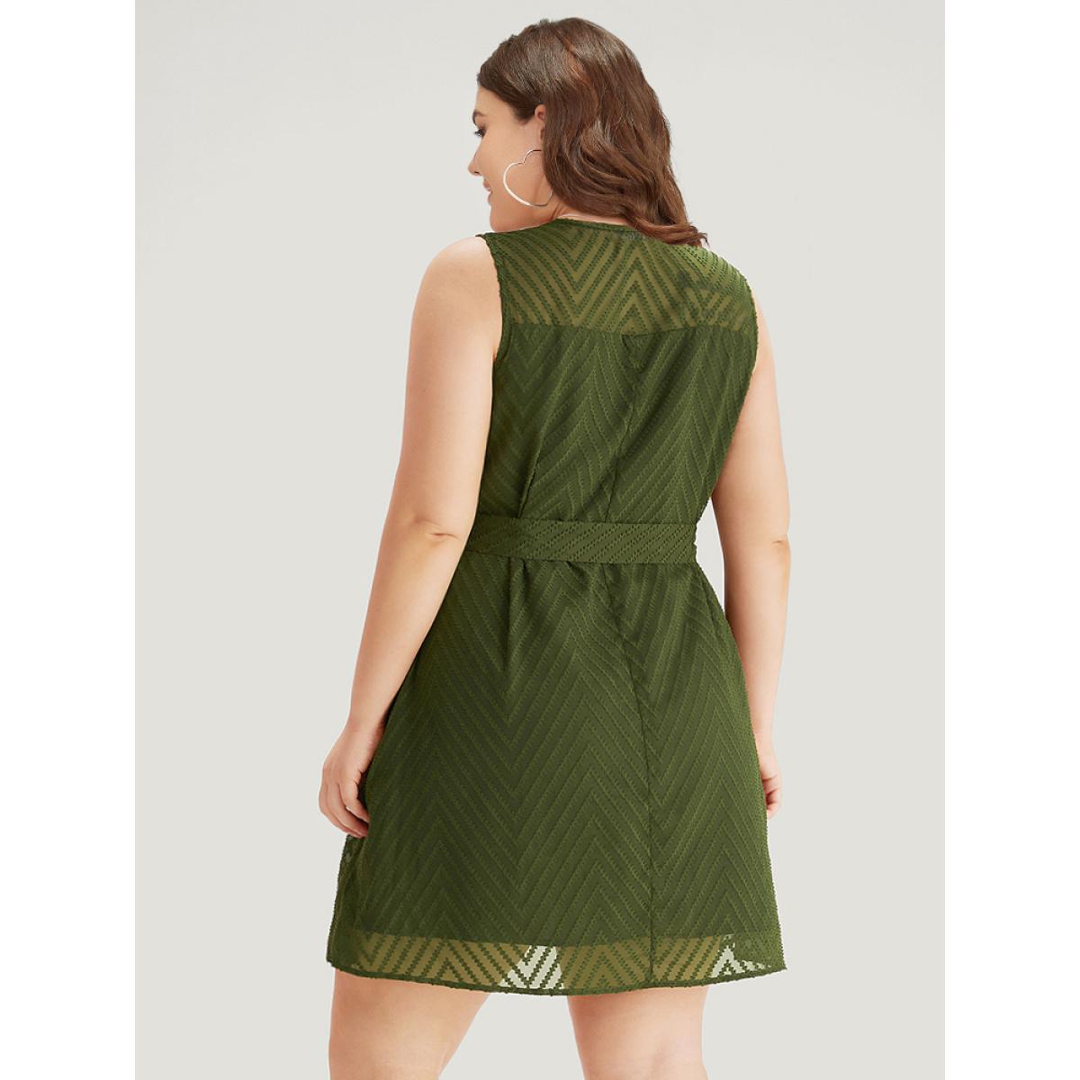 Plus Size Plisse Mesh Patchwork Belted Pleated Dress ArmyGreen Women Office Texture Round Neck Sleeveless Curvy Knee Dress BloomChic 28/5X Product Image