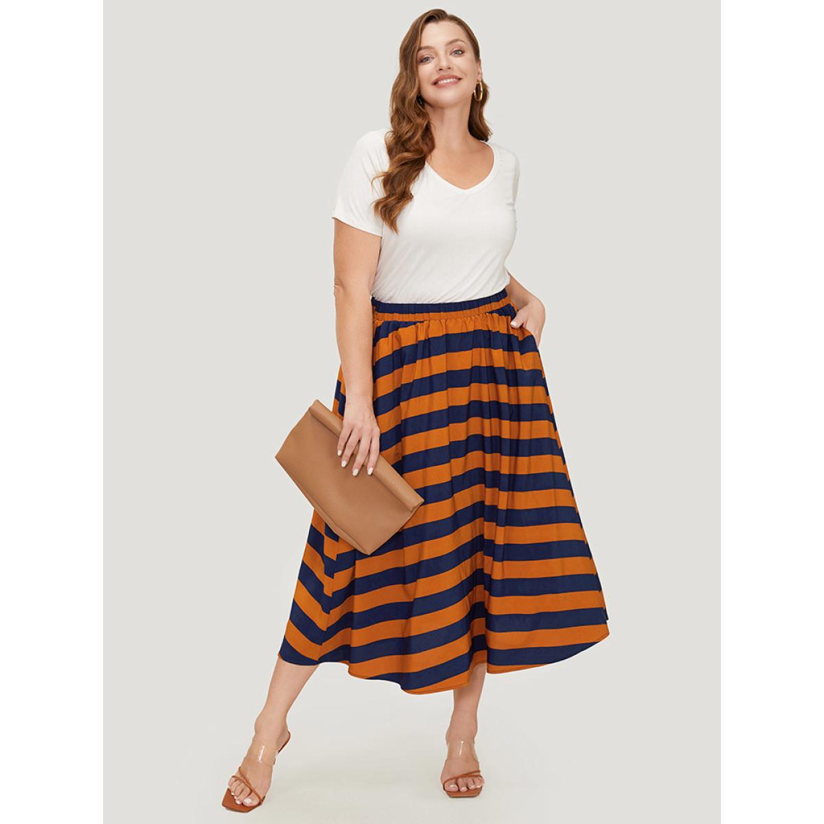 Plus Size Striped Print Ruffle Hem Pocket Skirt Women Multicolor Office Contrast Low stretch Pocket Work Skirts BloomChic 12/L Product Image