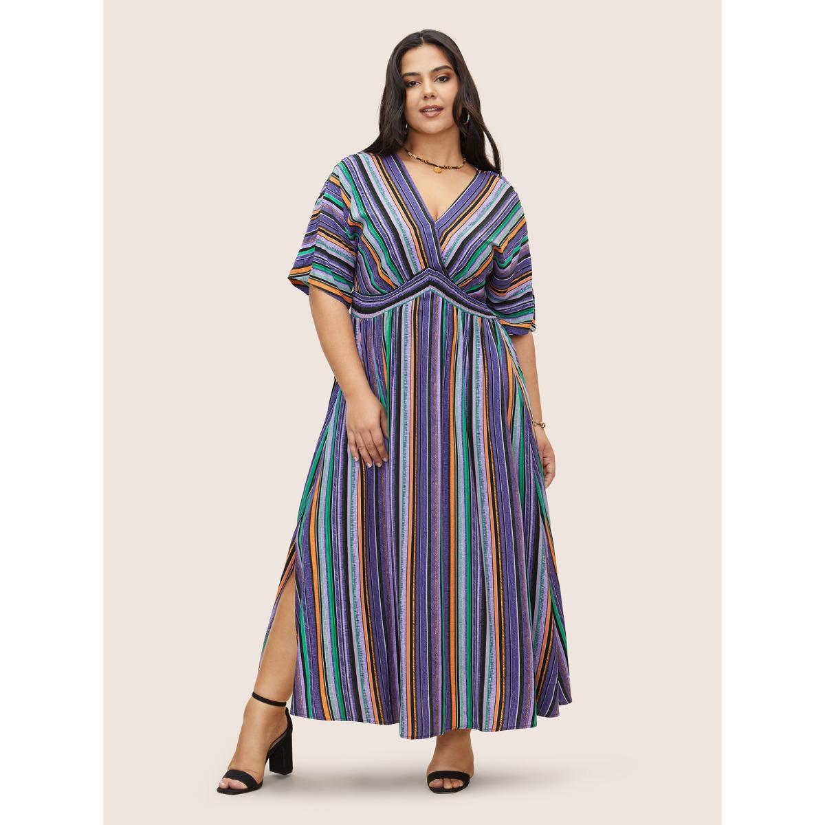 Plus Size Striped Contrast Dolman Sleeve Shirred Pocket Split Flutter Dress Mauve Women Resort Non V-neck Half Sleeve Curvy BloomChic 22-24/3X Product Image