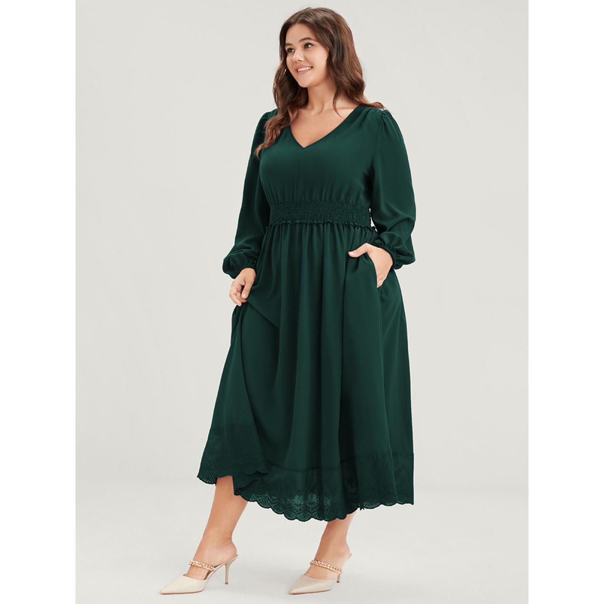 Plus Size Solid Pocket Lantern Sleeve Patchwork Ruffled Shirred Dress DarkGreen Women Elegant Plain V-neck Long Sleeve Curvy Midi Dress BloomChic 14-16/1X Product Image