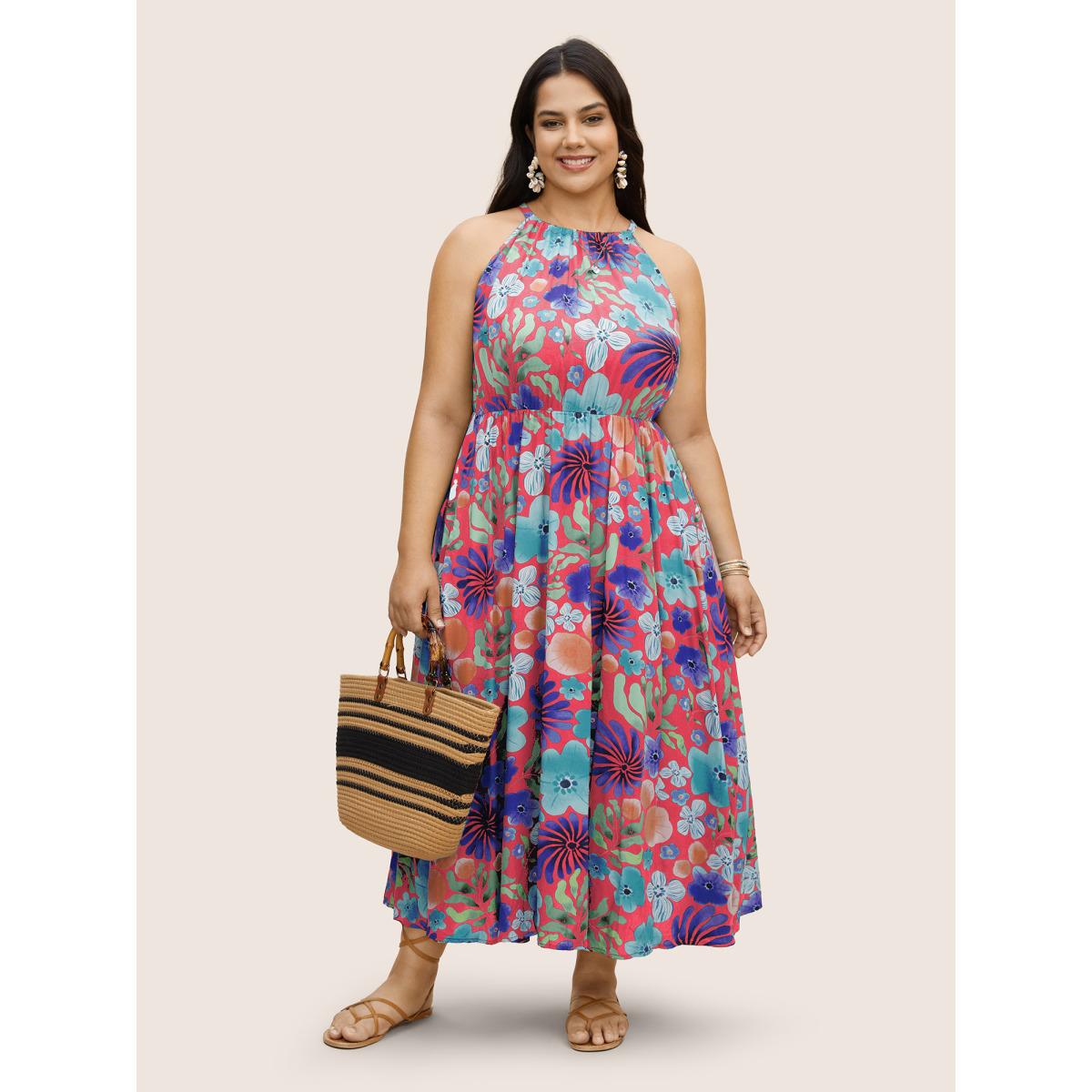 Plus Size Floral Printed Patchwork Side Seam Pocket Dress Brightred Women Resort Gathered Non Sleeveless Curvy BloomChic 30/6X Product Image