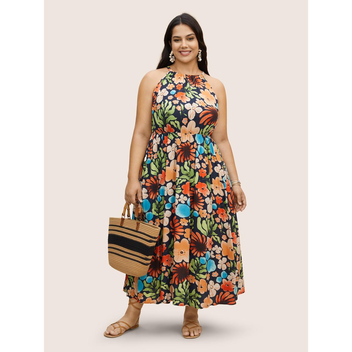 Plus Size Floral Printed Patchwork Side Seam Pocket Dress Indigo Women Resort Gathered Non Sleeveless Curvy BloomChic 26/4X Product Image