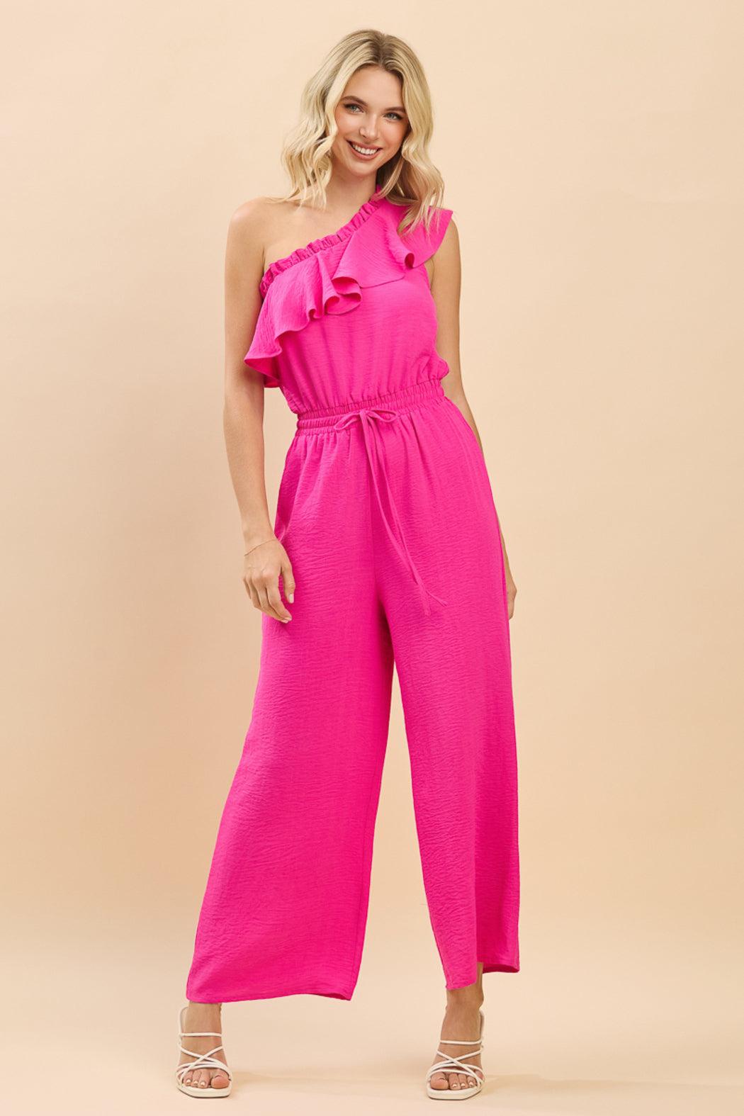 Savanna One-Shoulder Ruffle Wide Leg Jumpsuit Product Image