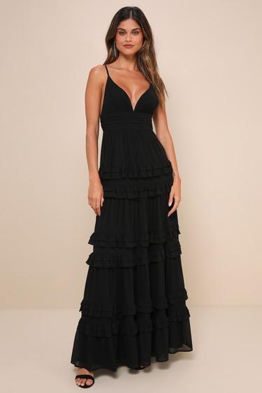 Lavish Perfection Black Ruffled Tiered Maxi Dress Product Image
