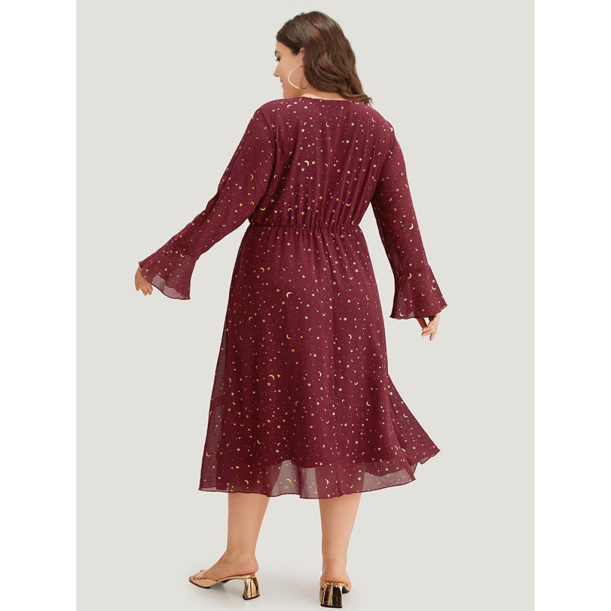 Plus Size Moon & Star Glitter Surplice Neck Bell Sleeve Dress Burgundy Women Party Printed V-neck Long Sleeve Curvy Midi Dress BloomChic 28/5X Product Image