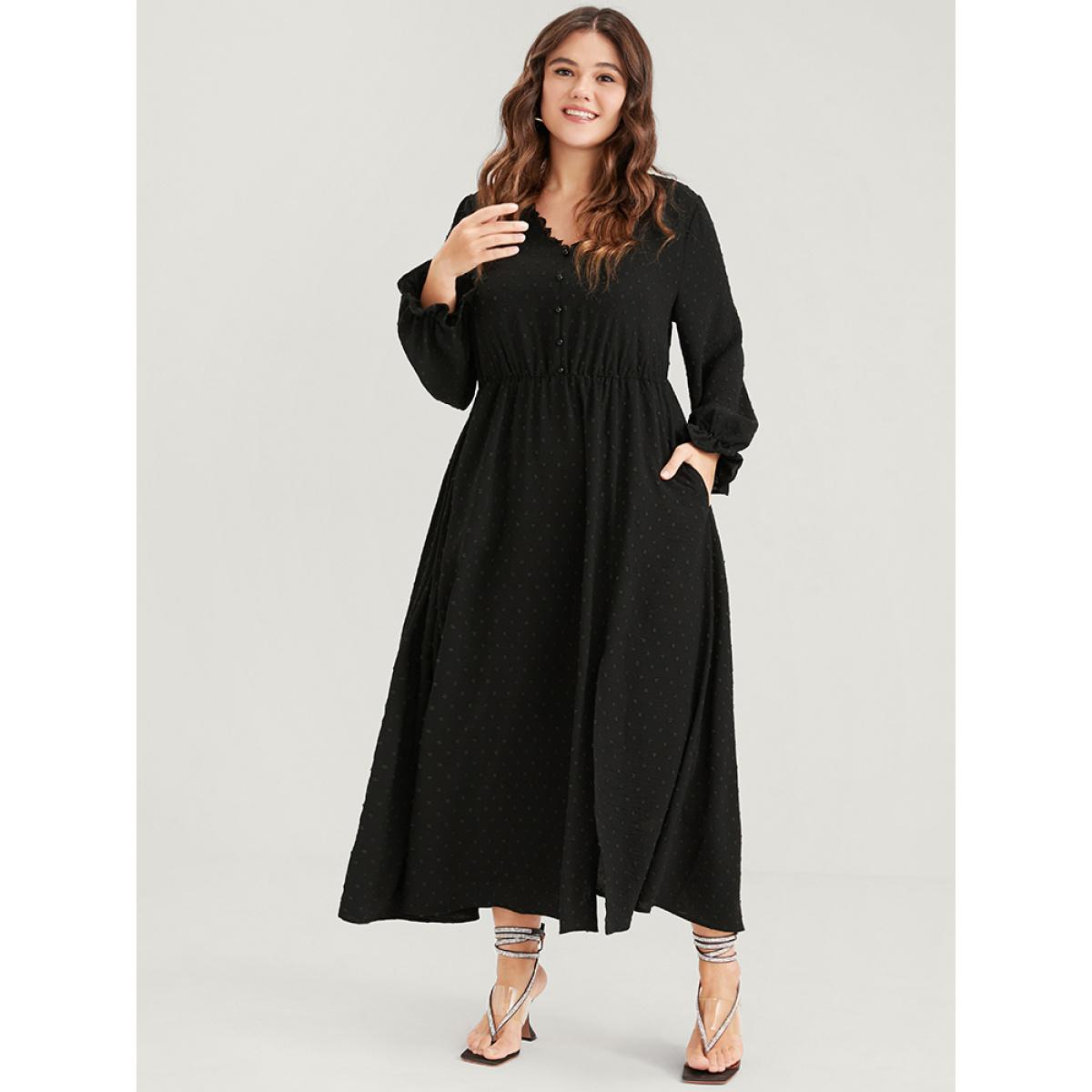 Plus Size Solid Pocket Button Lantern Sleeve Lace Trim Split Maxi Dress Black Women Elegant Gathered V-neck Long Sleeve Curvy Long Dress BloomChic 14-16/1X Product Image