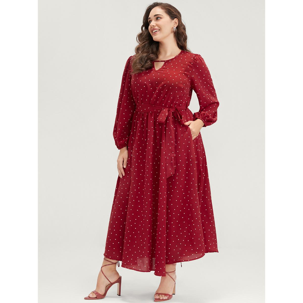 Plus Size Polka Dot Keyhole Round Neck Pocket Belted Ruffle Dress Scarlet Women Elegant Belted Round Neck Long Sleeve Curvy Long Dress BloomChic 14-16/1X Product Image