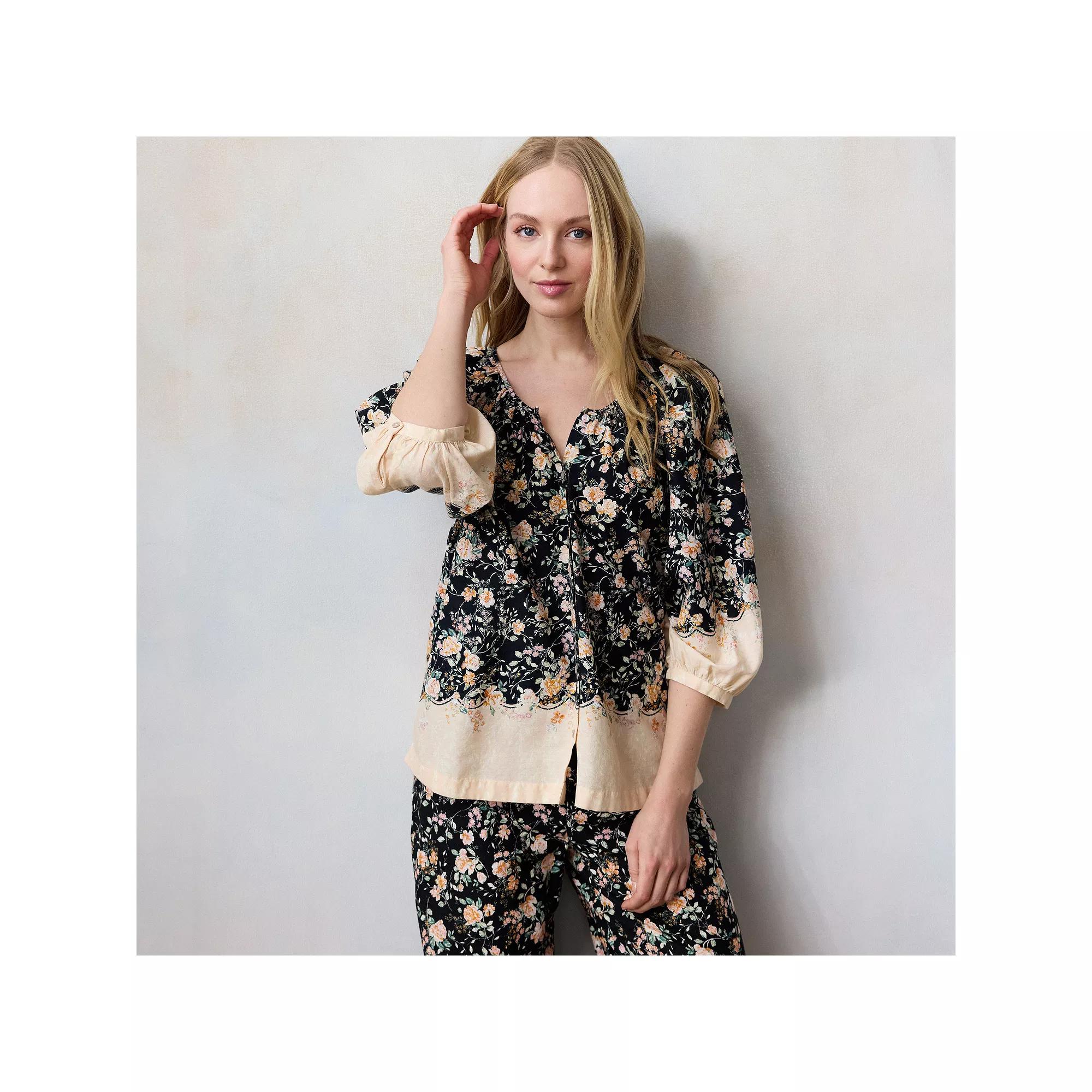 Women's LC Lauren Conrad Raglan Sleeve Button Front Top, Size: XXL, Black Lizzie Border Product Image